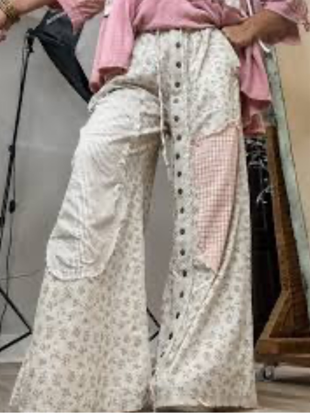 New: POL Boho Mixed Patchwork Button Detail Wide Leg Pants• Small